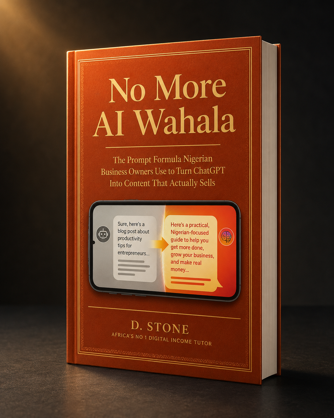 No More AI Wahala PDF guide cover shown on a phone and as a book