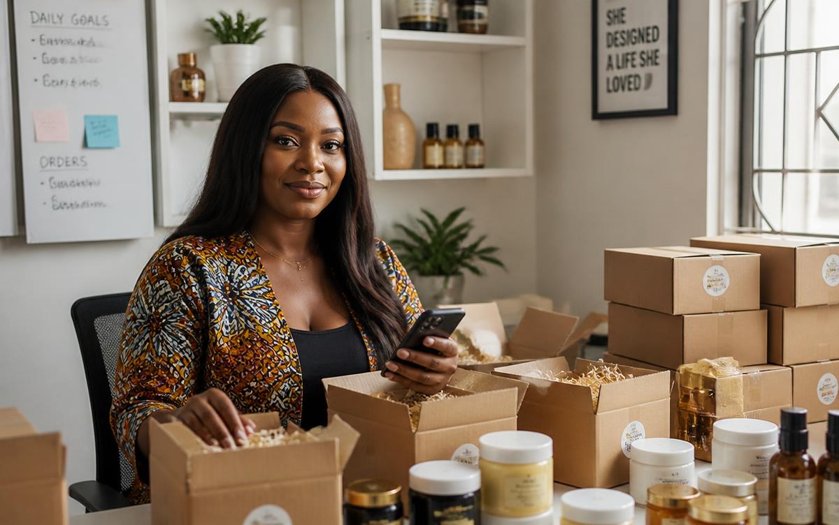 Nigerian skincare business owner packing orders in Ajah, Lagos, phone in hand